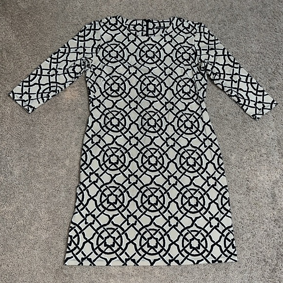 J. McLaughlin Devon 3/4 Sleeve Crew Neck Catalina Cloth Dress Black Tan Scribe M - Picture 3 of 10